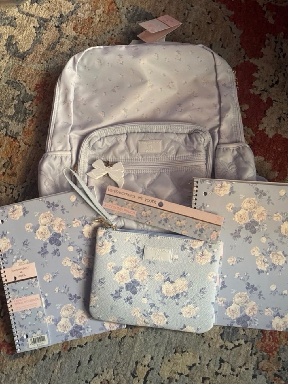 Love, shack, fancy book bag, and accessories
